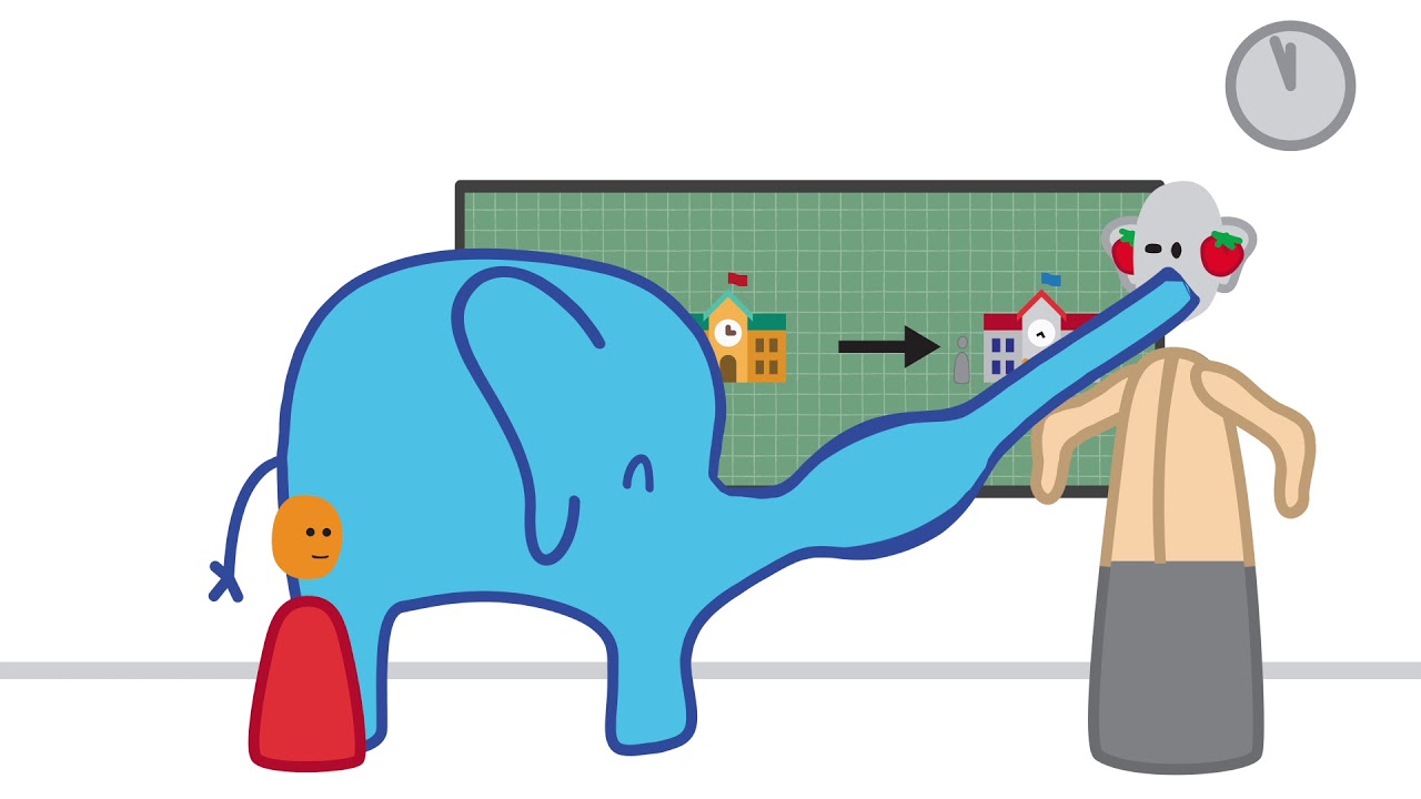 Ein blauer Elefant steckt einer Lehrkraft den Rüssel in den Mund. Die Lehrkraft steht vor einer Wandtafel und hat Tomaten in den Ohren.
