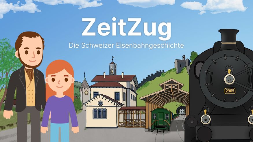 Sara und Alfred Escher stehen in Baden, darüber den Schriftzu 'ZeitZug'